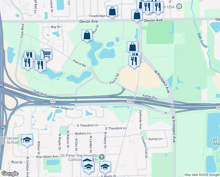 map of restaurants, bars, coffee shops, grocery stores, and more near 150 Pierce Road in Itasca