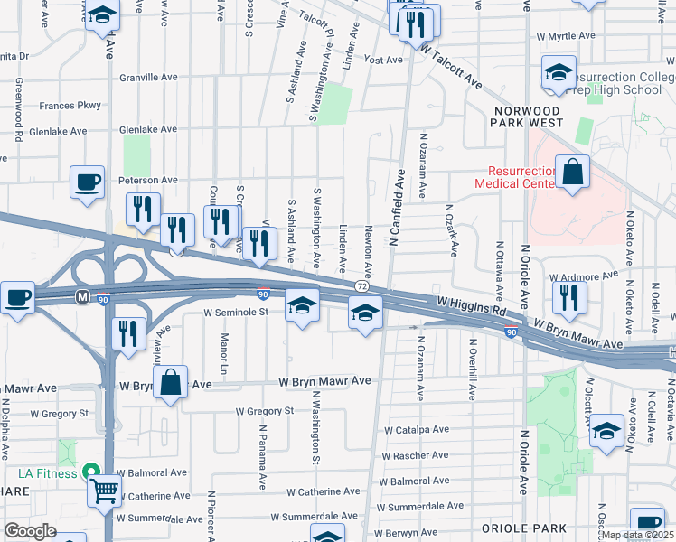 map of restaurants, bars, coffee shops, grocery stores, and more near 2032 South Linden Avenue in Park Ridge