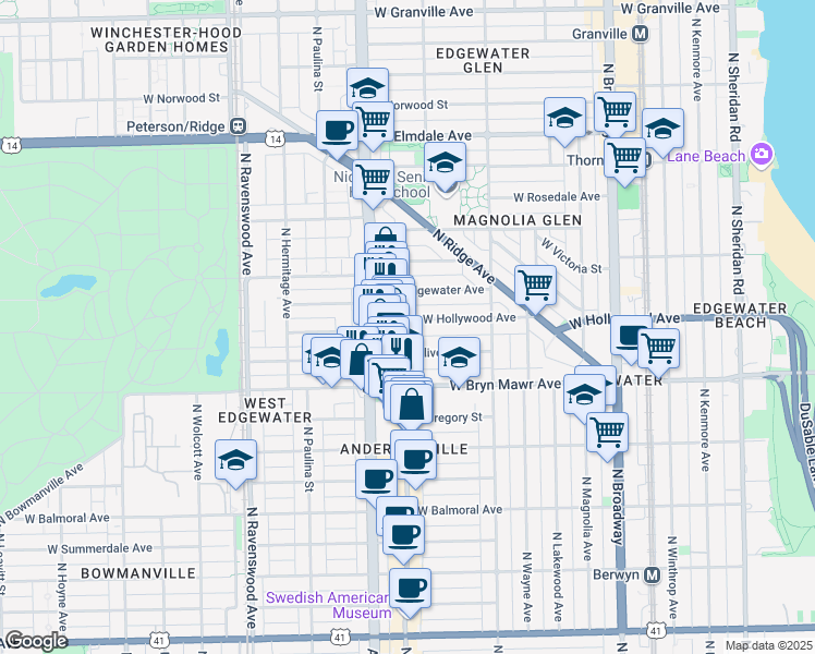 map of restaurants, bars, coffee shops, grocery stores, and more near 1523 West Hollywood Avenue in Chicago
