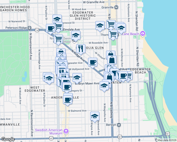 map of restaurants, bars, coffee shops, grocery stores, and more near 5645 North Glenwood Avenue in Chicago