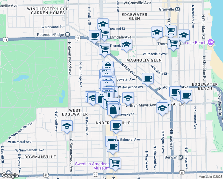 map of restaurants, bars, coffee shops, grocery stores, and more near 1529 West Hollywood Avenue in Chicago