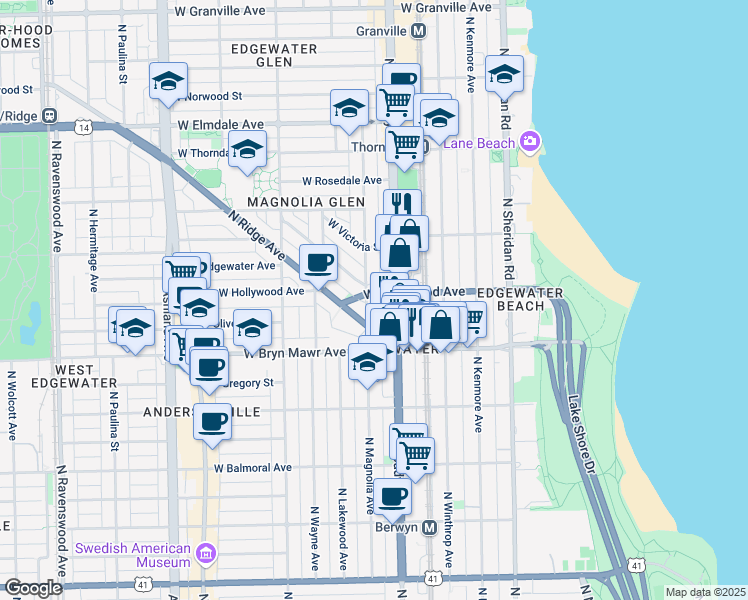 map of restaurants, bars, coffee shops, grocery stores, and more near 5648 North Magnolia Avenue in Chicago