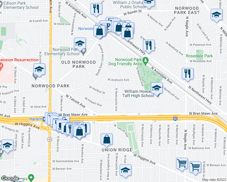 map of restaurants, bars, coffee shops, grocery stores, and more near 6804 West Hurlbut Street in Chicago