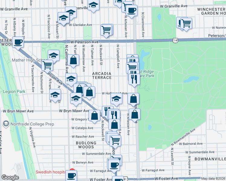 map of restaurants, bars, coffee shops, grocery stores, and more near 5705 North Maplewood Avenue in Chicago
