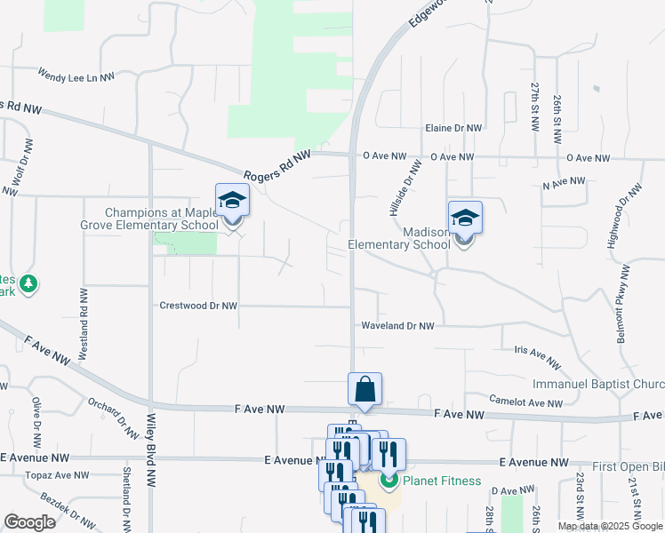 map of restaurants, bars, coffee shops, grocery stores, and more near 1270 Edgewood Road Northwest in Cedar Rapids