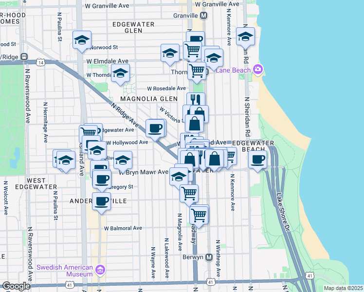 map of restaurants, bars, coffee shops, grocery stores, and more near 5648 North Magnolia Avenue in Chicago