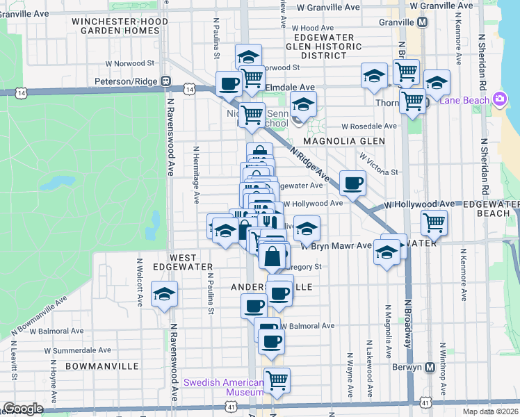 map of restaurants, bars, coffee shops, grocery stores, and more near 1554 West Hollywood Avenue in Chicago