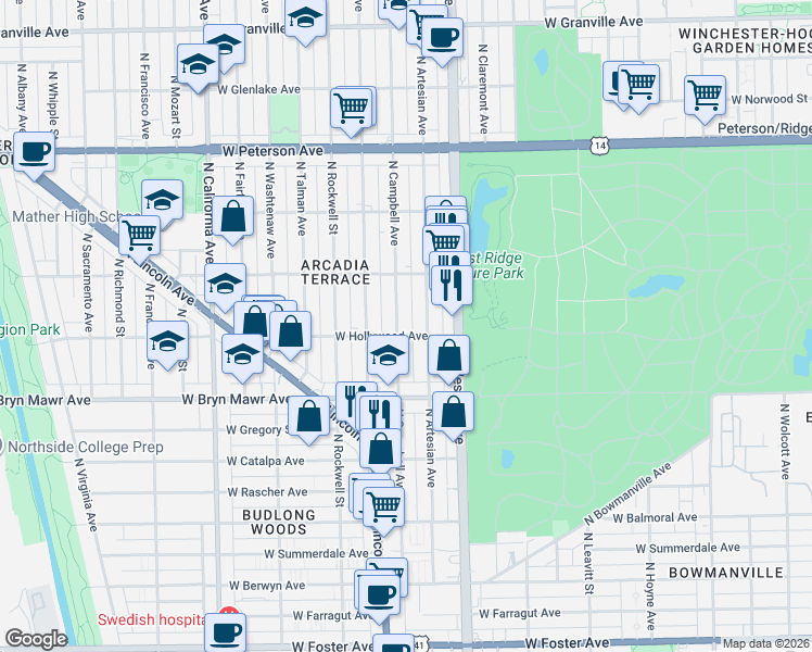 map of restaurants, bars, coffee shops, grocery stores, and more near 2454 West Hollywood Avenue in Chicago