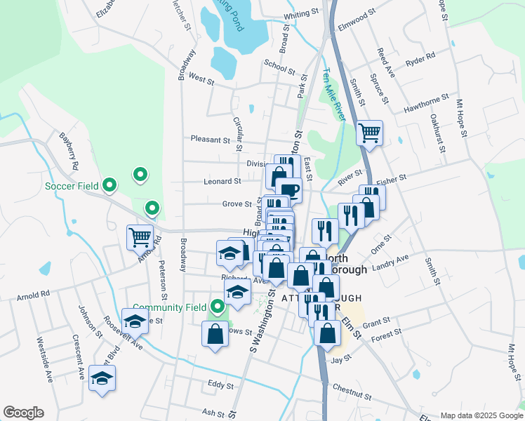 map of restaurants, bars, coffee shops, grocery stores, and more near 20 Broad Street in North Attleborough