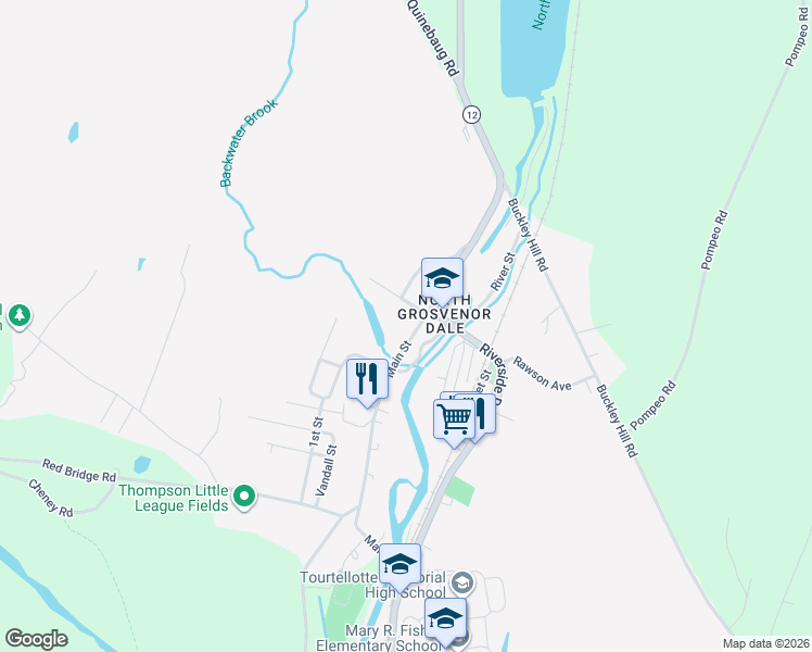 map of restaurants, bars, coffee shops, grocery stores, and more near 934 Riverside Drive in Thompson