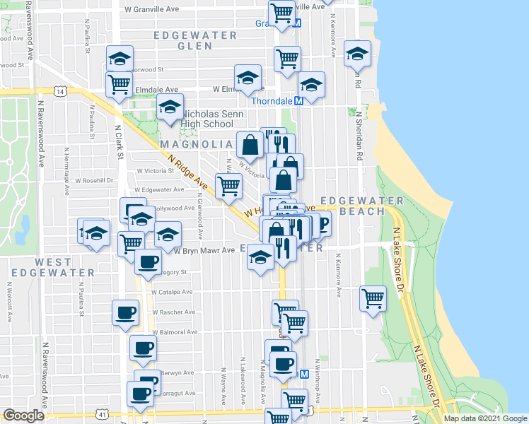 map of restaurants, bars, coffee shops, grocery stores, and more near 5648 North Magnolia Avenue in Chicago