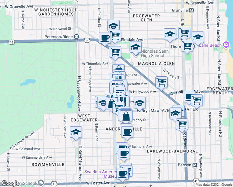 map of restaurants, bars, coffee shops, grocery stores, and more near 5659 North Clark Street in Chicago