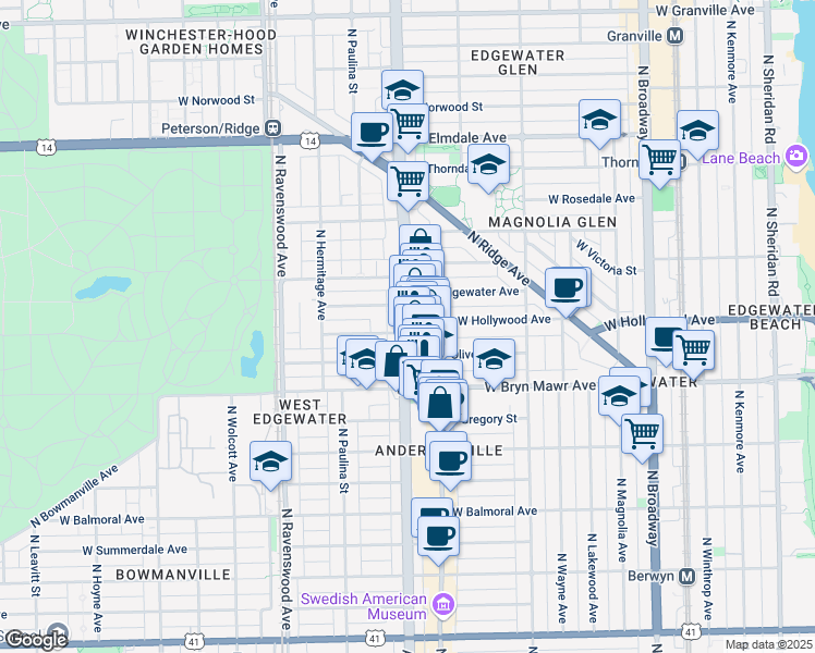 map of restaurants, bars, coffee shops, grocery stores, and more near 5659 North Clark Street in Chicago