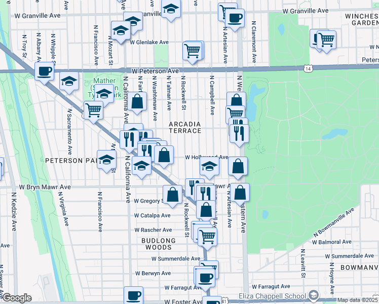 map of restaurants, bars, coffee shops, grocery stores, and more near 5504 North Rockwell Street in Chicago