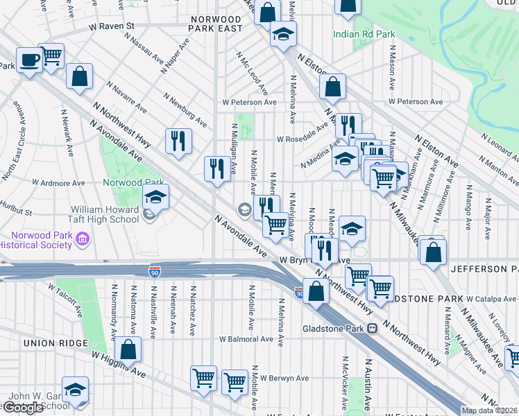 map of restaurants, bars, coffee shops, grocery stores, and more near 5706 North Merrimac Avenue in Chicago
