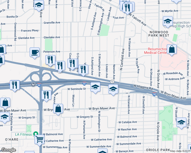 map of restaurants, bars, coffee shops, grocery stores, and more near in Park Ridge