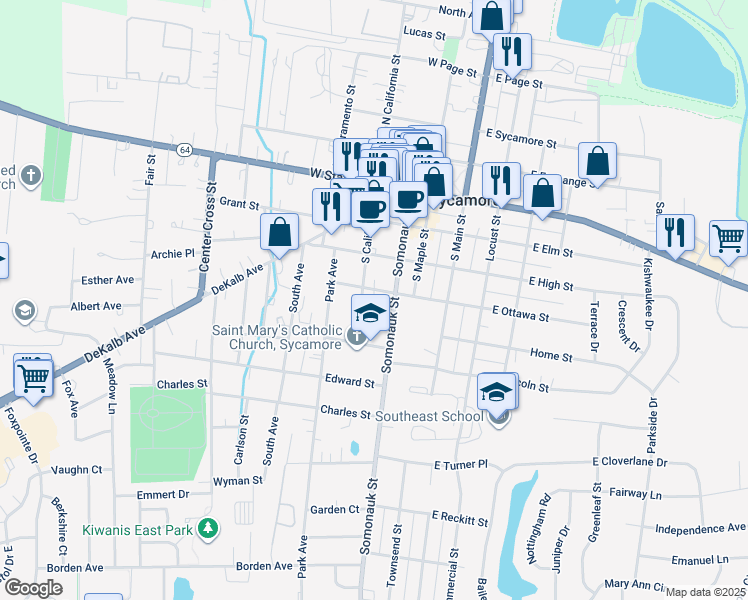 map of restaurants, bars, coffee shops, grocery stores, and more near 416 South California Street in Sycamore