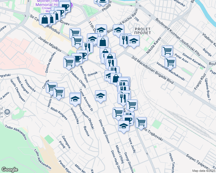 map of restaurants, bars, coffee shops, grocery stores, and more near Emil Zola in Skopje