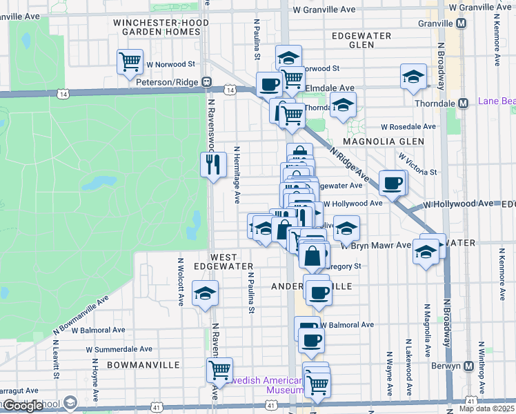 map of restaurants, bars, coffee shops, grocery stores, and more near 1655 West Hollywood Avenue in Chicago