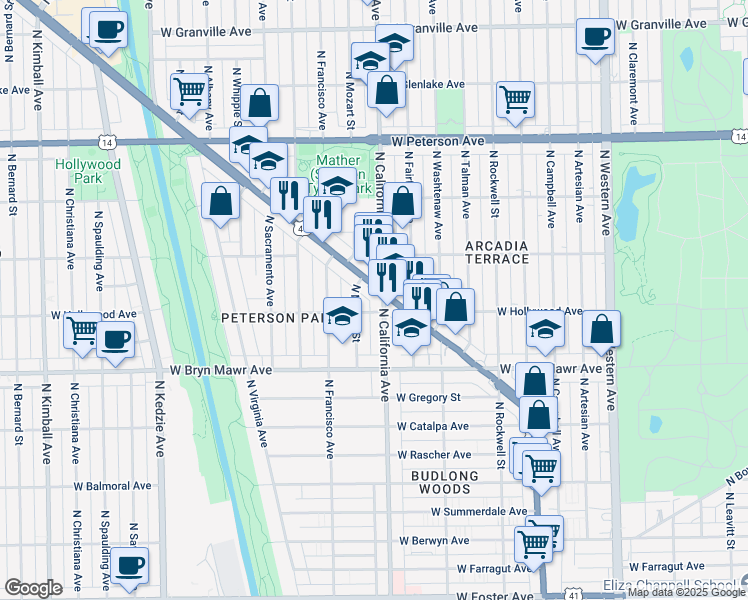 map of restaurants, bars, coffee shops, grocery stores, and more near 5656 North Lincoln Avenue in Chicago
