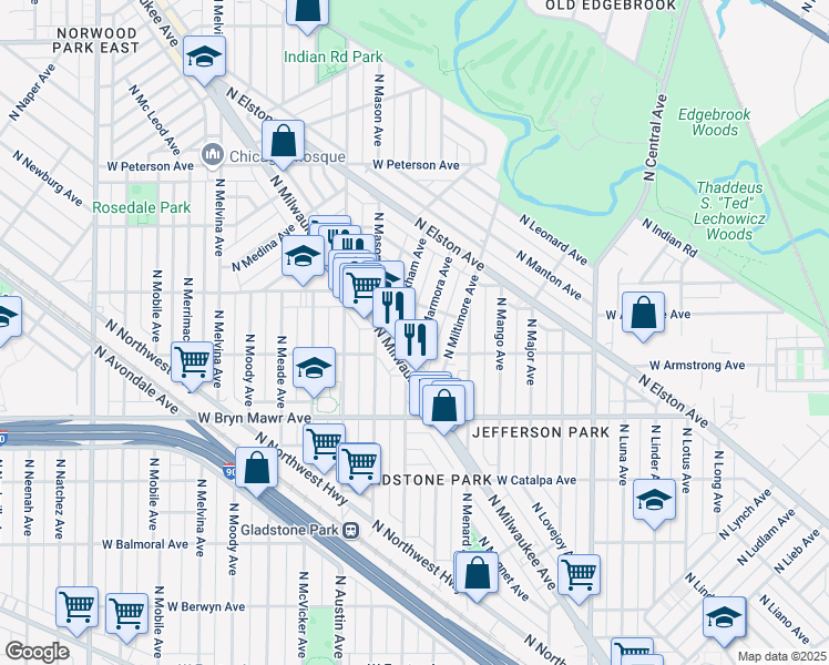 map of restaurants, bars, coffee shops, grocery stores, and more near 5720 North Marmora Avenue in Chicago
