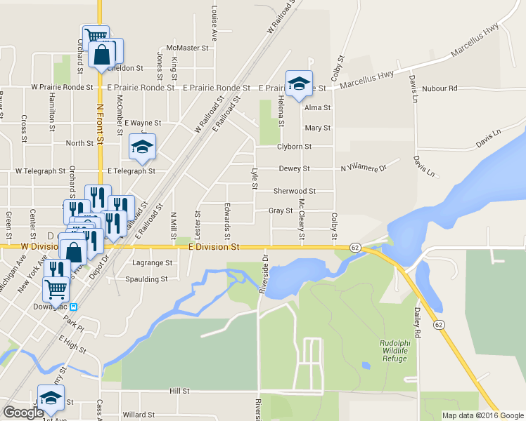 map of restaurants, bars, coffee shops, grocery stores, and more near 308 Gray Street in Dowagiac