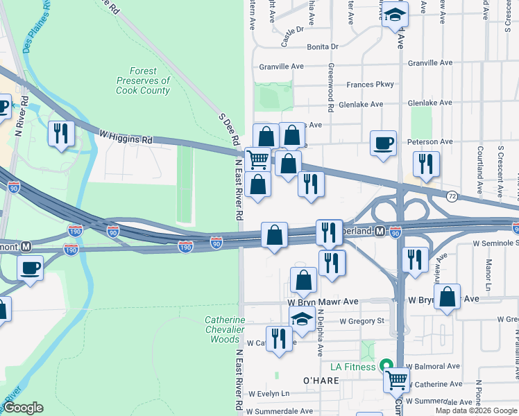 map of restaurants, bars, coffee shops, grocery stores, and more near 8735 West Higgins Road in Chicago