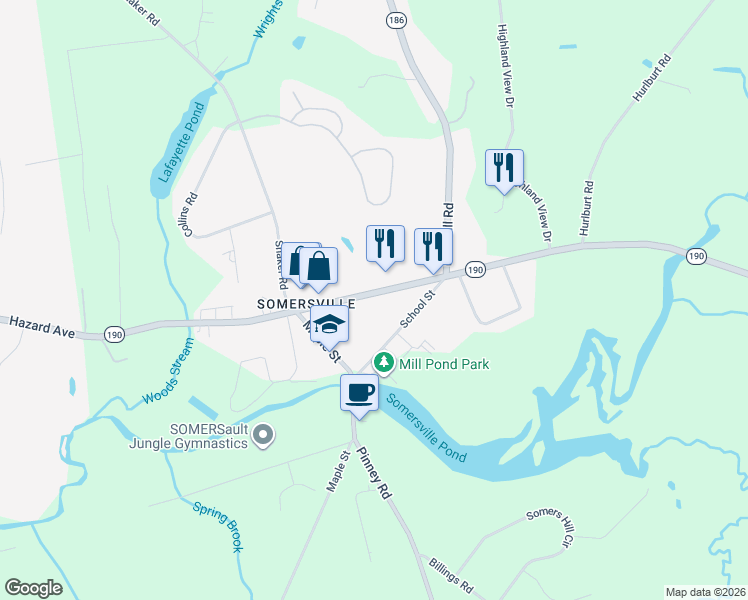 map of restaurants, bars, coffee shops, grocery stores, and more near 136A Main Street in Somers