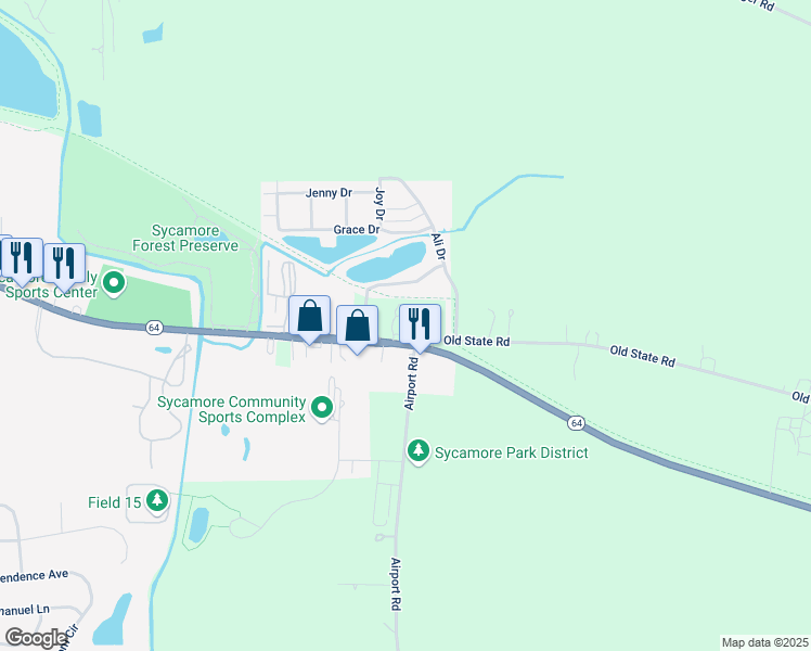 map of restaurants, bars, coffee shops, grocery stores, and more near 1275 East State Street in Sycamore