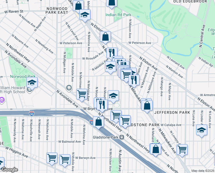 map of restaurants, bars, coffee shops, grocery stores, and more near 5705 North Meade Avenue in Chicago