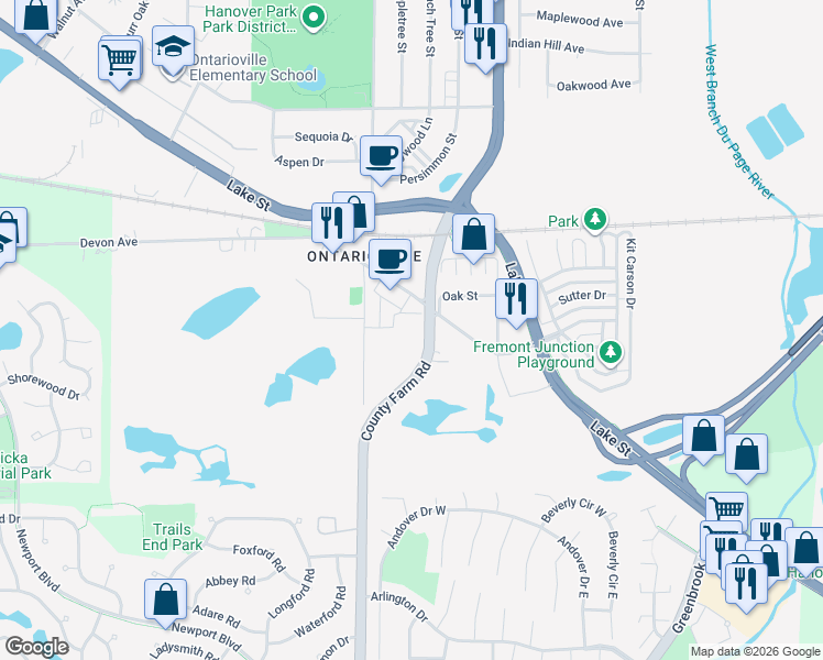 map of restaurants, bars, coffee shops, grocery stores, and more near 7N595 County Farm Road in Hanover Park