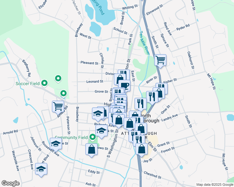 map of restaurants, bars, coffee shops, grocery stores, and more near 104 North Washington Street in North Attleborough