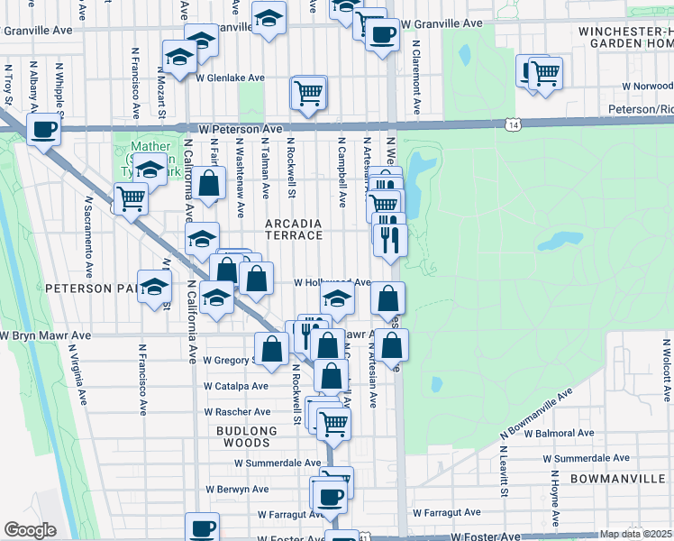 map of restaurants, bars, coffee shops, grocery stores, and more near 5705 North Maplewood Avenue in Chicago