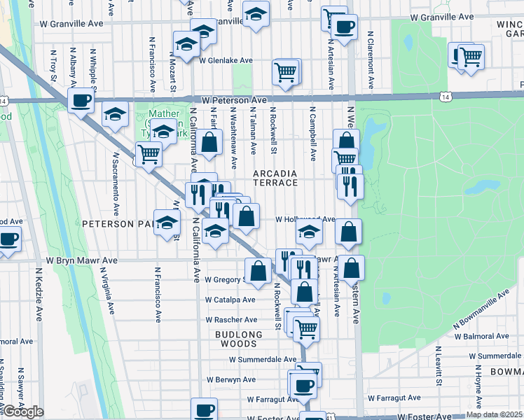 map of restaurants, bars, coffee shops, grocery stores, and more near 5504 North Rockwell Street in Chicago