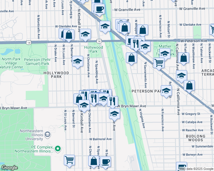 map of restaurants, bars, coffee shops, grocery stores, and more near 3220 West Hollywood Avenue in Chicago