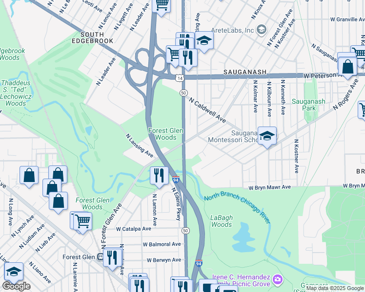 map of restaurants, bars, coffee shops, grocery stores, and more near 5729 Illinois 50 in Chicago