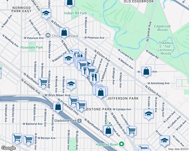 map of restaurants, bars, coffee shops, grocery stores, and more near 5720 North Marmora Avenue in Chicago