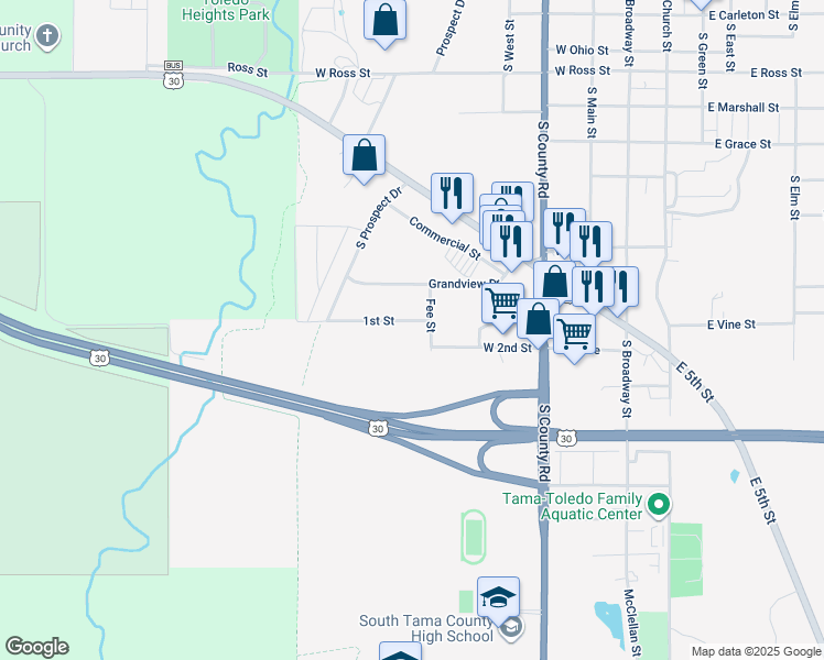 map of restaurants, bars, coffee shops, grocery stores, and more near 401 1st Avenue in Toledo