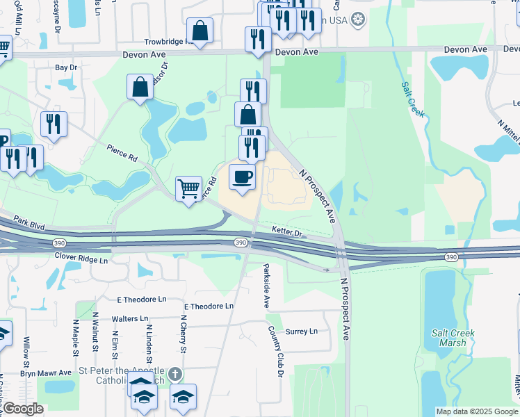 map of restaurants, bars, coffee shops, grocery stores, and more near 1133 Arlington Heights Road in Itasca