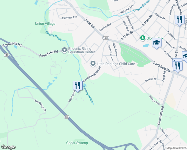 map of restaurants, bars, coffee shops, grocery stores, and more near 146 Woonsocket Hill Road in North Smithfield