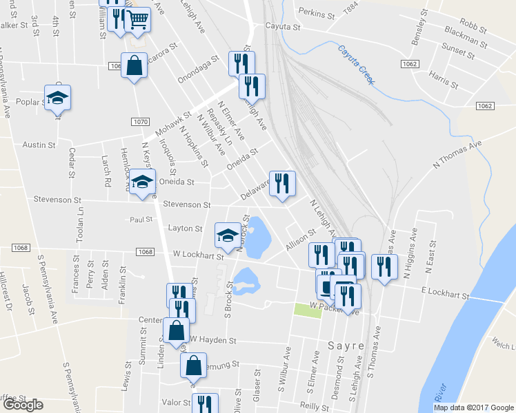 map of restaurants, bars, coffee shops, grocery stores, and more near 306 North Wilbur Avenue in Sayre