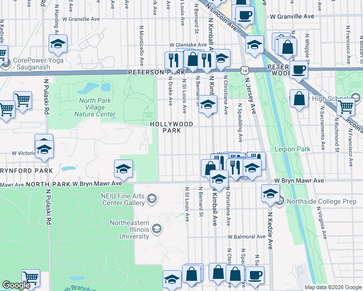 map of restaurants, bars, coffee shops, grocery stores, and more near 5707 North Drake Avenue in Chicago