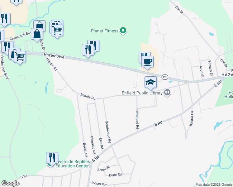 map of restaurants, bars, coffee shops, grocery stores, and more near 70 Middle Road in Enfield