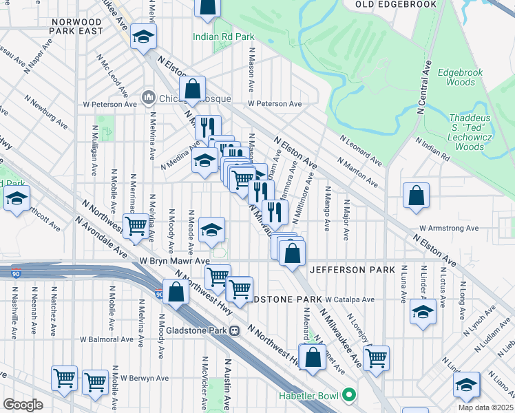 map of restaurants, bars, coffee shops, grocery stores, and more near 5706 North Mason Avenue in Chicago