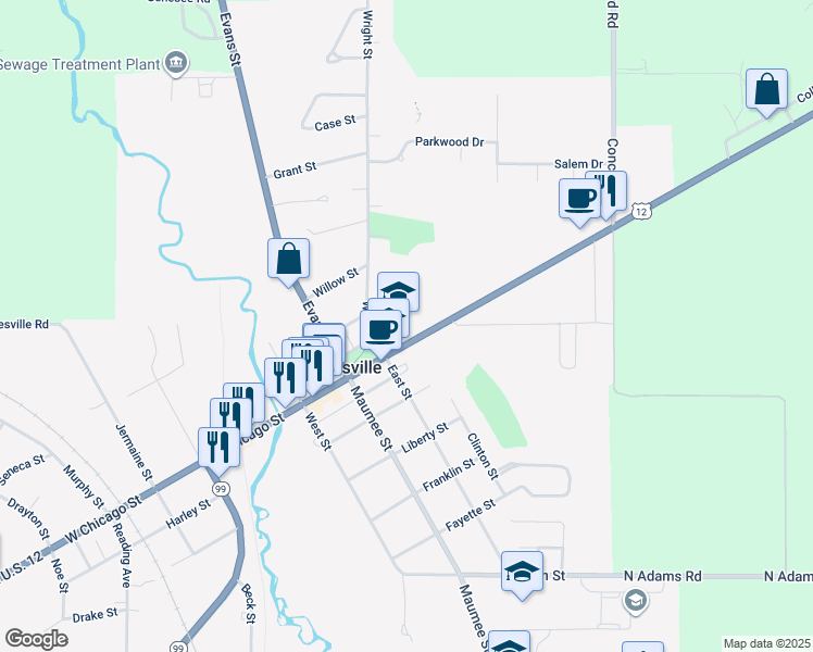 map of restaurants, bars, coffee shops, grocery stores, and more near 401 East Chicago Street in Jonesville
