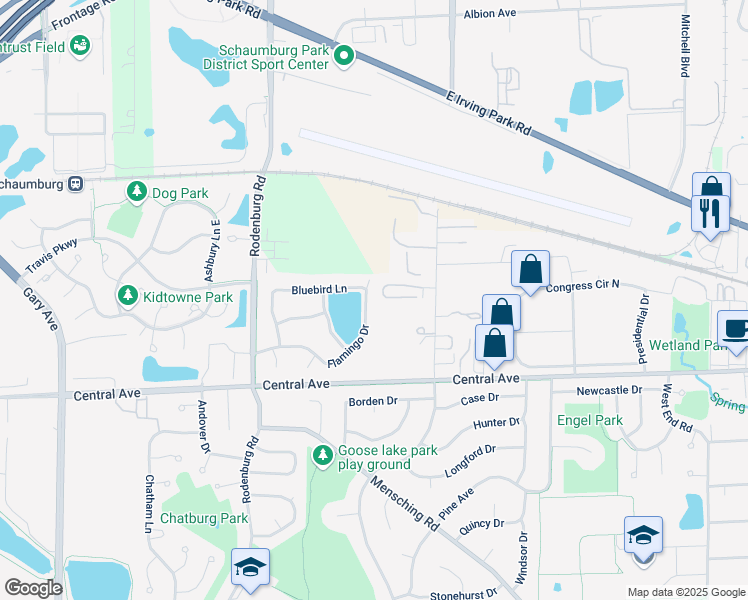 map of restaurants, bars, coffee shops, grocery stores, and more near 93 Flamingo Drive in Roselle