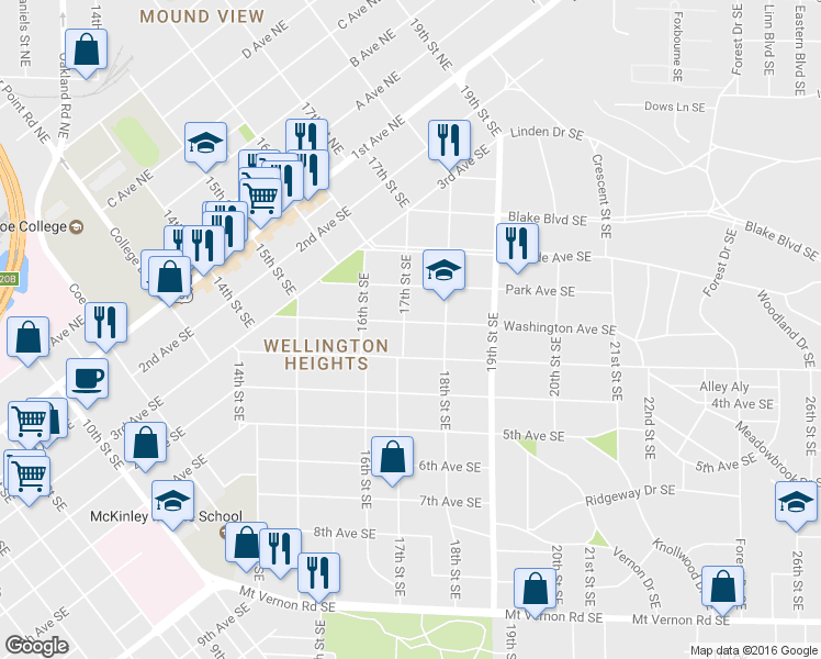 map of restaurants, bars, coffee shops, grocery stores, and more near 1701 Washington Avenue Southeast in Cedar Rapids