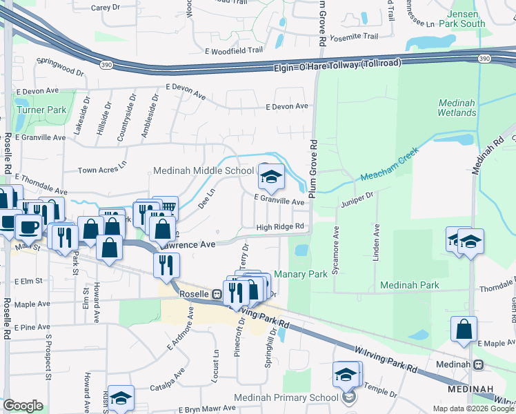 map of restaurants, bars, coffee shops, grocery stores, and more near 48 Century Drive in Roselle