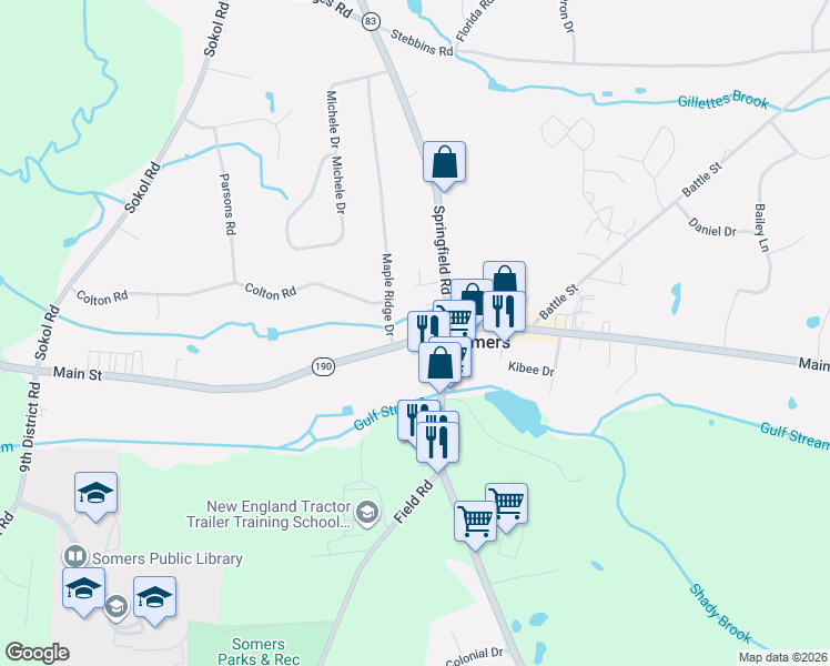 map of restaurants, bars, coffee shops, grocery stores, and more near 573 Main Street in Somers