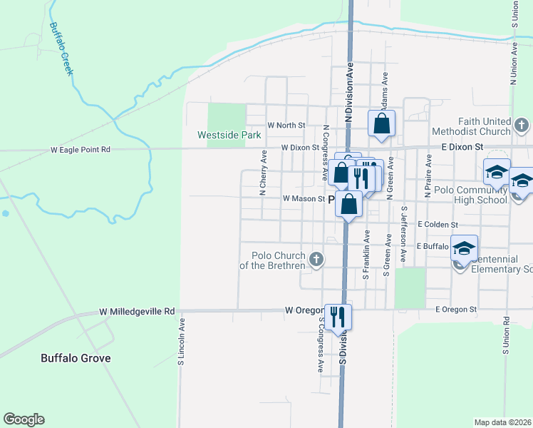 map of restaurants, bars, coffee shops, grocery stores, and more near 501 West Colden Street in Polo